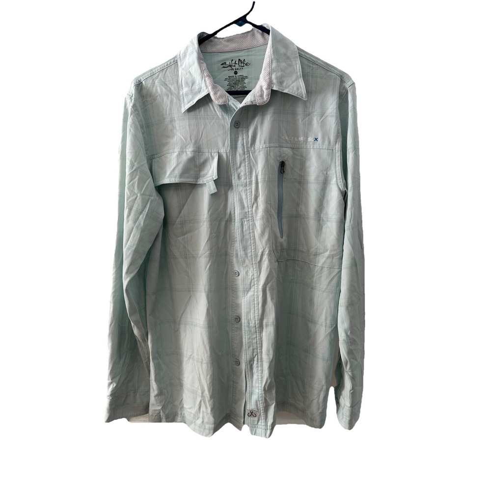 Men's Salt Life UVapor Teal Plaid Long Sleeve Button Down with Pockets Medium